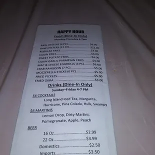 Happy hour menu