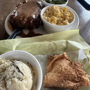 Meatloaf, fried chicken, mashed potatoes, Mac and cheese and green beans