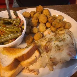 Monterrey Chicken with fried okra, green beans &amp; tx toast.