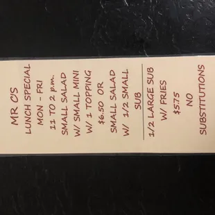 The specials for Monday- Friday 11am- 2pm