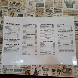 the menu for the restaurant