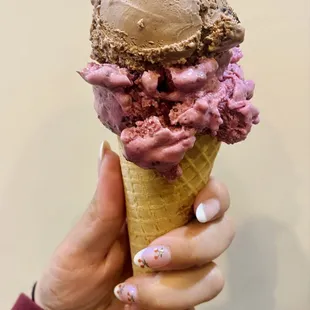 Single Split Scoop Chocolate Cookie Crumble and Raspberry Chocolate Blast