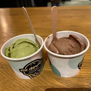 Green tea ice cream. Orange chocolate chip ice cream