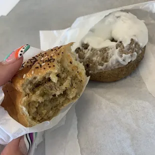 Boudin Kolache with an iced blueberry donut.