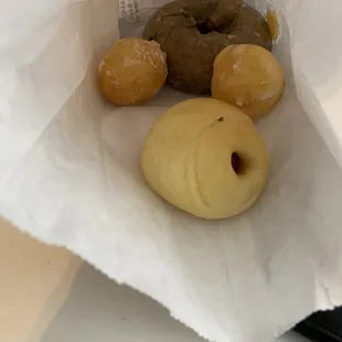 Mini Kolaches with no cheese, Donut Holes, and a Blueberry Cake Donut