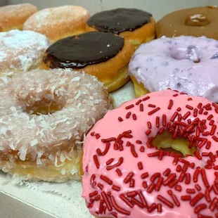 Close up of assorted donuts