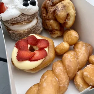 Cronut, Twist Donut, Glazed donut holes, Pine cone, strawberry cream cheese