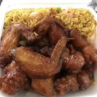 Honey Chinese chicken wings and shrimp fried rice
