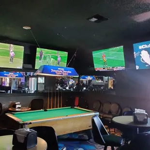 a pool table and televisions