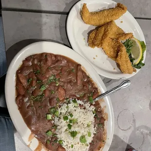 Red beans and rice with fried fish