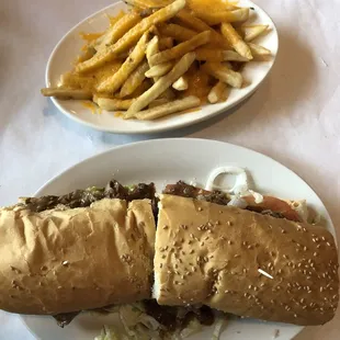 Roast beef poor boy and cheese fries.