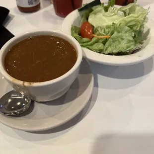 Seafood gumbo and dinner salad