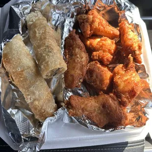 Footlong chicken egg roll and chicken wings