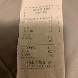  a receipt for a restaurant