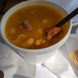 Spanish bean soup! So good! Chorizo, potatoes, and other tasty stuff in this.