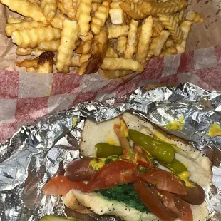 Crinkle fries, Chicago style dog