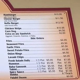 Menu as of July 2022