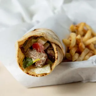 a burrito and french fries