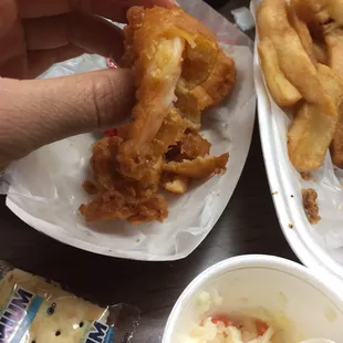 How I have to eat my shrimp... pulled some of the batter  off so I could find the shrimp. Over cooked fried very hard