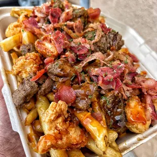 Honey Garlic steak, friend chicken with bacon