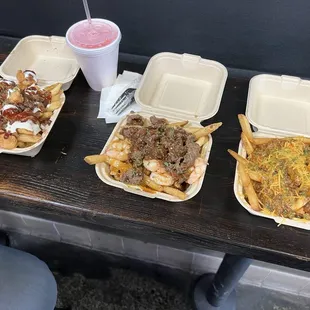 Chili cheese fries, Honey garlic shrimp fries and BBQ bacon ranch fries
