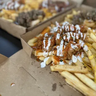 two boxes of fries with toppings