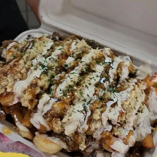Shrimp, Crab, Steak fries with Jalapeño ranch sauce, honey garlic sauce