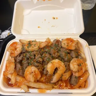 Steak and shrimp with habanero sauce