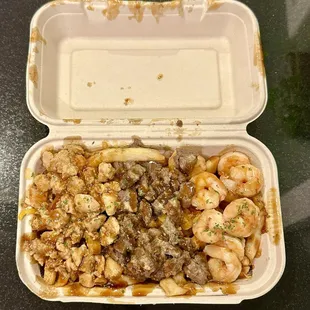 Grilled Chicken, Hibachi Steak, Shrimp, regular size, on a bed of fries.