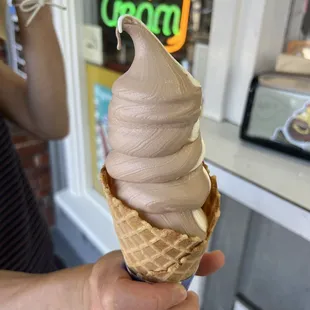 Chocolate + Vanilla swirl in waffle cone