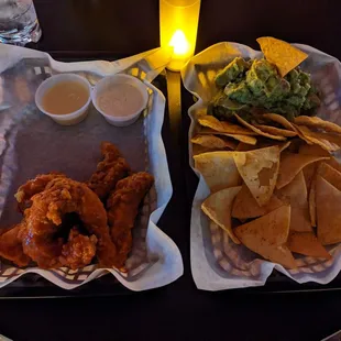 Buffalo Chicken strips + chips and guac
