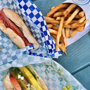 a hot dog and french fries