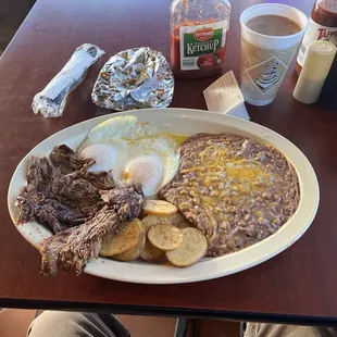 Steak &amp; eggs breakfast/cup of coffee.