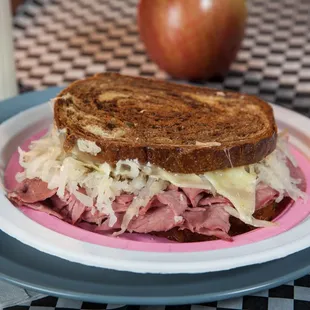 My favorite!  The Rueben.  Very lean Corned Beef, Swiss, Sauerkraut, Thousand Is. dressing on Marble Rye