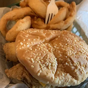 Fried flounder sandwich with onion rings