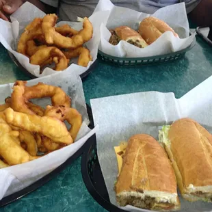 Cheese steak and onion rings