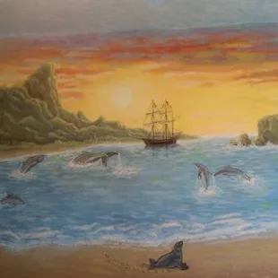 a painting of dolphins and a ship