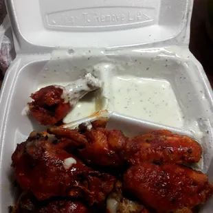 Hot wings were very good. The ranch was not good at all and just slopped into the container.