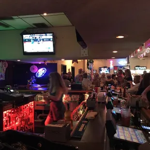 a bar with people sitting at the bar