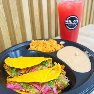 Quesabirria Combo with rice and Beans. Watermelon Lemonade Agua Fresca