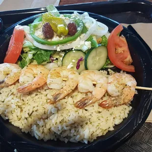 Shrimp kabob and salad