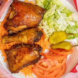 Tender Baked chicken, seasoned rice, with salad and soda