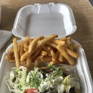Gyro and fries 8 bucks delicious crispy fries anD tasty meal. Give this place a shot