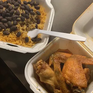 Yellow rice and beans and Lemon Pepper extra hot wings