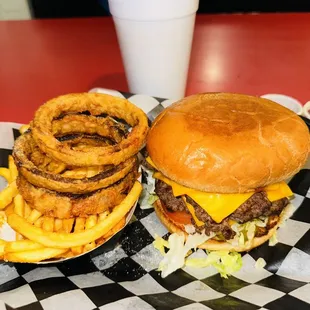 Double original burger with cheese, half rings &amp; half fries