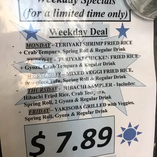 New Weekday Specials! Only $7.89 Monday through Friday (as of Jan 2021)