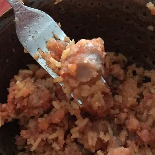 Gray chicken. It's so gross. It's hard and stringy and when you use your fork to cut it in half all the meat looks like that.