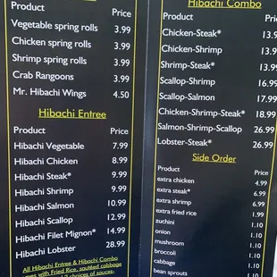 the menu for the restaurant