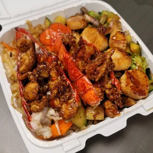 Hibachi Lobster with Scallops
(Lobster Tails with side of Scallops and extra veggies and Fried Rice)