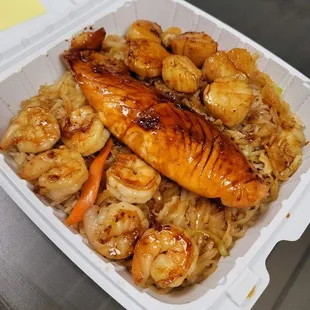 Hibachi Salmon, Scallops, and Shrimp.